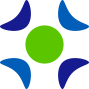 BALVERSAlogo, a green circle surrounded by four blue outward facing crescents