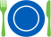 A table setting icon, a blue plate between a green knife and fork